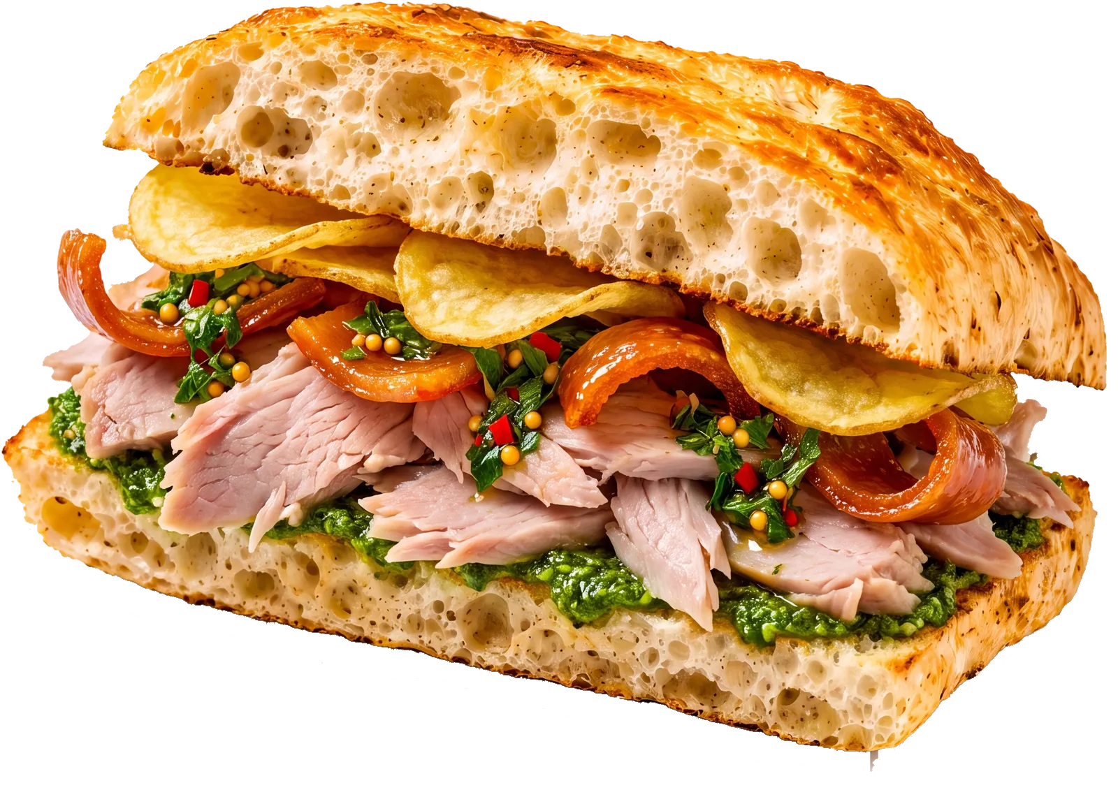 Panino con Porchetta în focaccia, cu chips, salsa verde și aioli